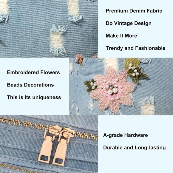 Light Blue Denim Backpack for Women - Casual Floral Embroidered Y2K Style main image 5